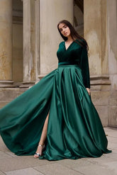 Green Long Sleeve Formal Dress Velvet Satin A Line V Neck Christmas Party Dress